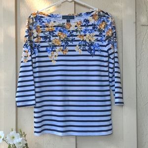 Karen Scott 3/4 Sleeve Striped Floral Top